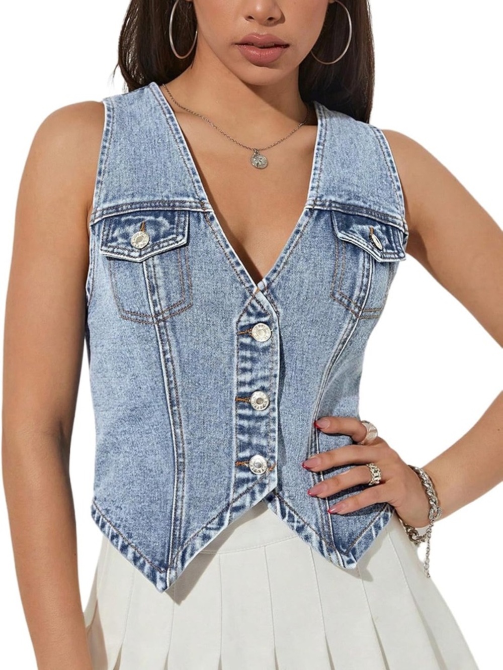 Sleeveless V-Neck Denim Vest Tank Top - Light Blue